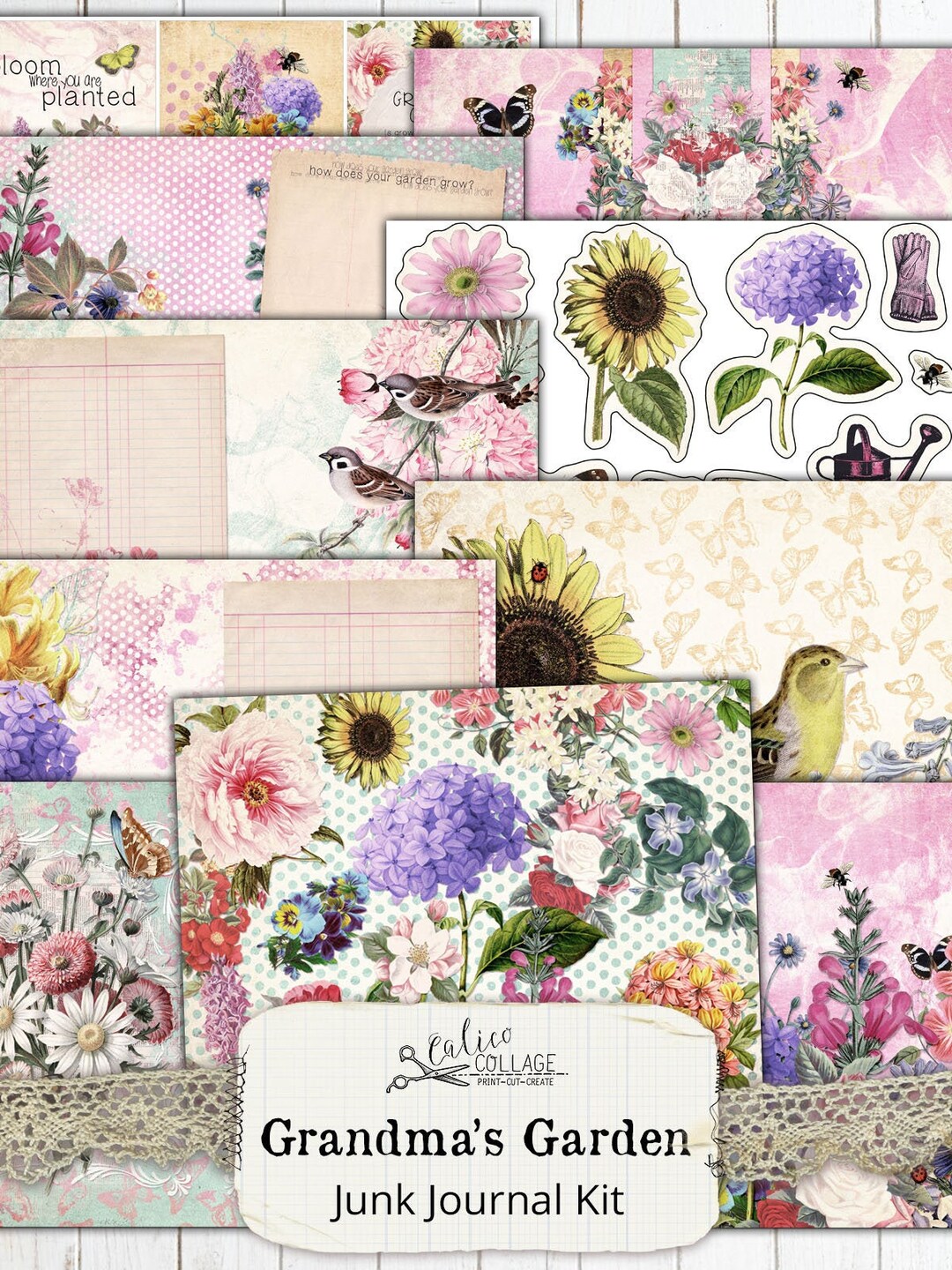 Grandmas Garden Junk Journal Kit Printable Paper Shabby Chic Digital ...