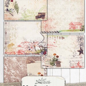 May include: A digital junk journal kit with a vintage aesthetic. The kit includes six digital papers with various textures and patterns, including a car, a house, and flowers. The kit is titled "My Gentleman" and is from the Calico Collage collection.