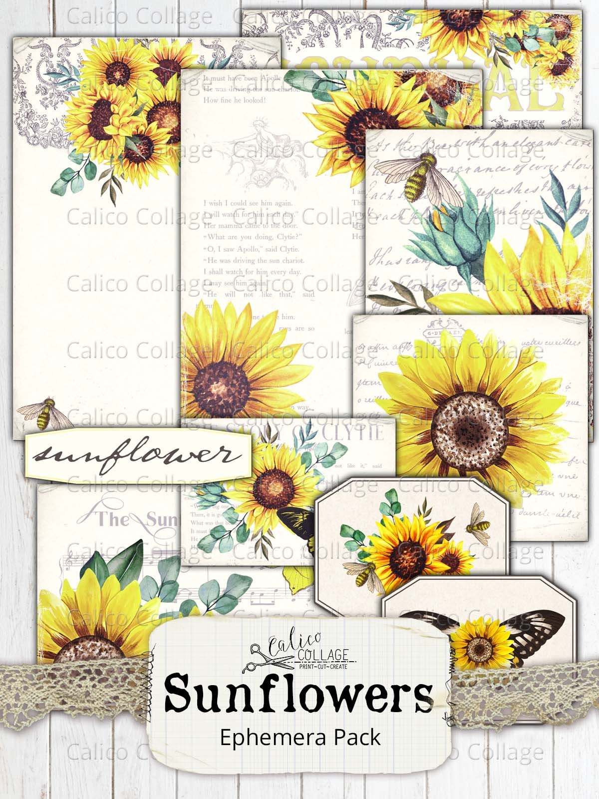 Printable Sunflower Ephemera Pack, Vintage Junk Journal Supplies ...