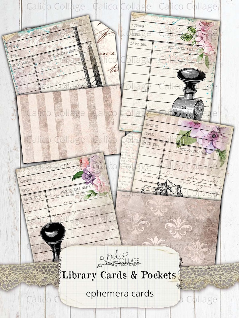 Floral Vintage Books Junk Journal Supplies Printable Library Cards and Pockets AGB21 Scrapbook Digital Paper Library Ephemera