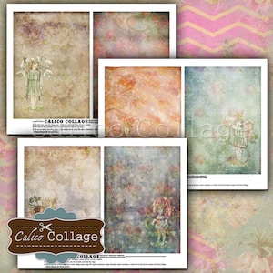 May include: A digital collage sheet with six different vintage-style backgrounds featuring floral patterns, fairy illustrations, and textured surfaces. The sheet is titled "Calico Collage" and includes the text "Digital downloads, image templates, journal forms and more!"