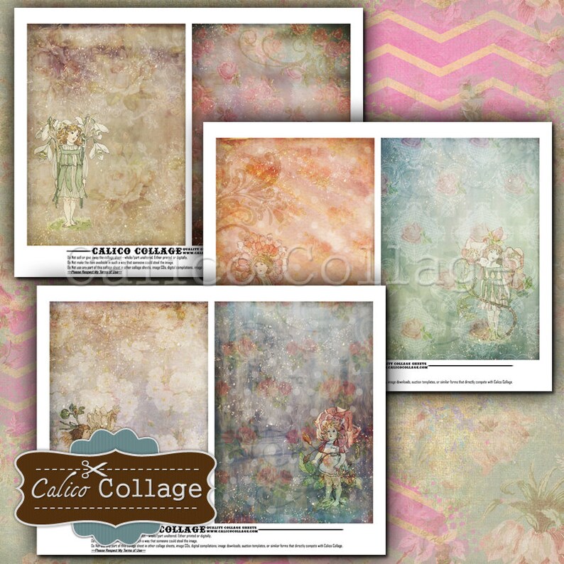 May include: A digital collage sheet with six different vintage-style backgrounds featuring floral patterns, fairy illustrations, and textured surfaces. The sheet is titled "Calico Collage" and includes the text "Digital downloads, image templates, journal forms and more!"