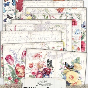 May include: A set of 10 digital printable papers featuring vintage floral illustrations with butterflies, text, and musical notes. The papers are designed for junk journaling and crafting.