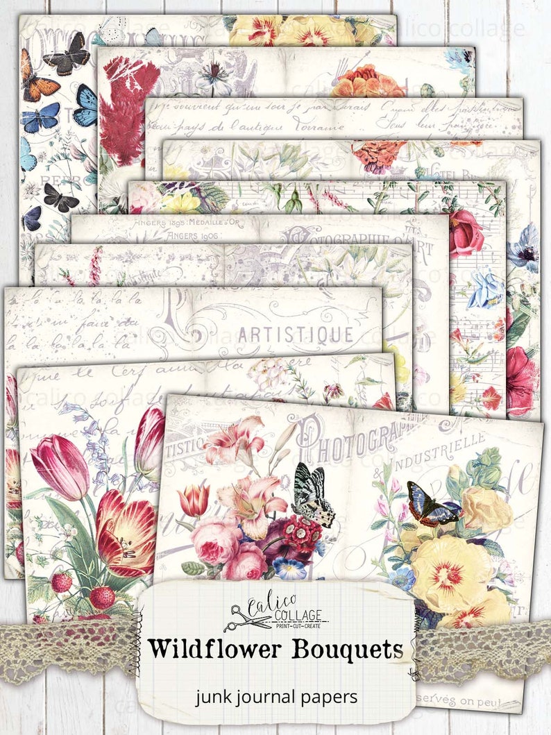 May include: A set of 10 digital printable papers featuring vintage floral illustrations with butterflies, text, and musical notes. The papers are designed for junk journaling and crafting.