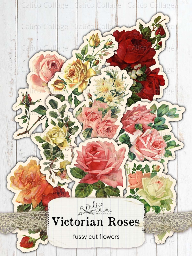 May include: A set of 10 vintage-style fussy cut images of roses in various colours, including pink, red, yellow, and white. The images are perfect for scrapbooking, card making, and other craft projects.