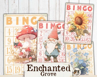 Bingo Cards Junk Journal Printable, Gnome Ephemera Cards, Digital Download Collage Sheet, Cottagecore Scrapbook Ephemera, Enchanted Grove