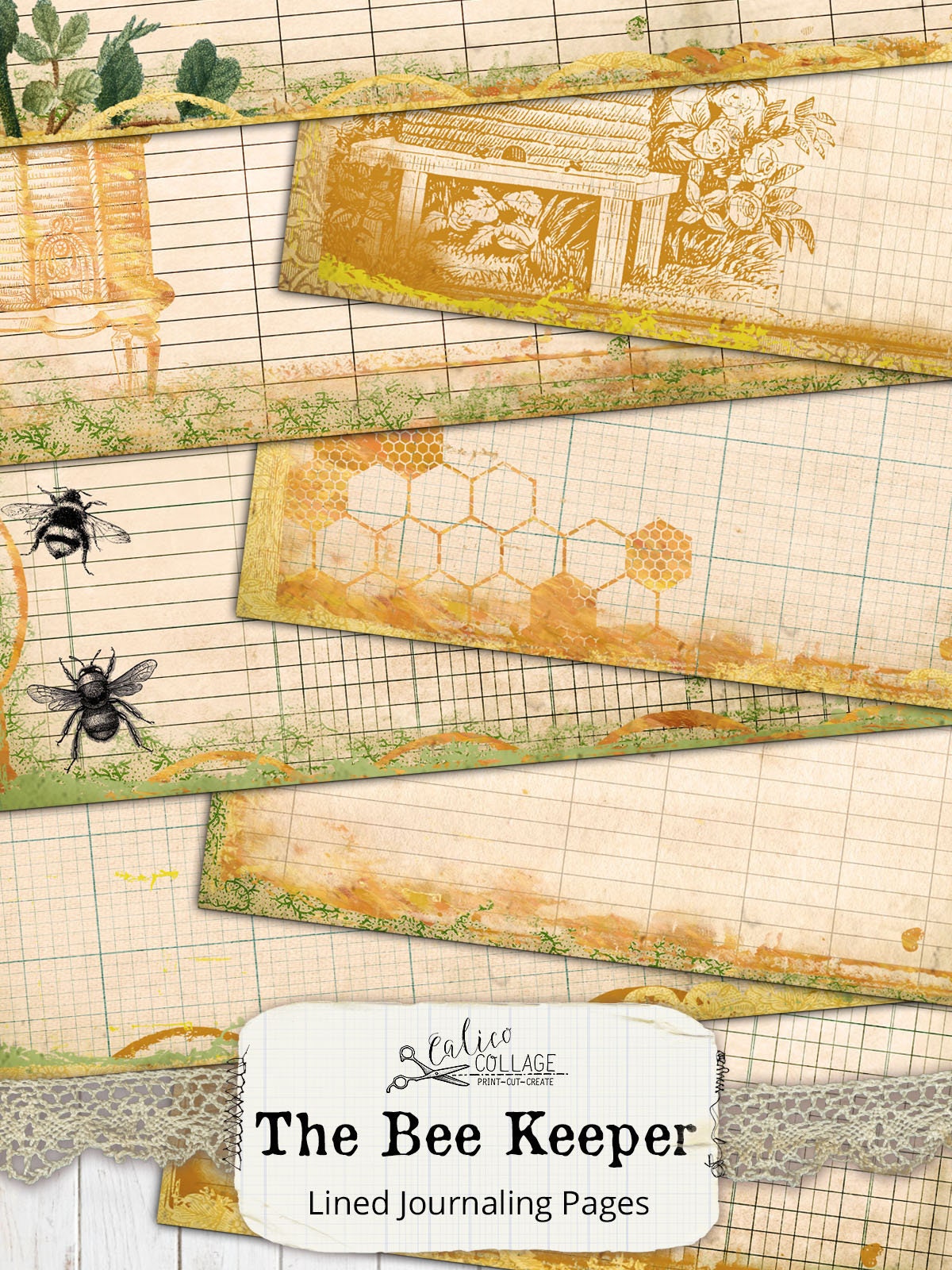 Bee Junk Journal Lined Journaling Pages, Junk Journal Kit, The Bee Keeper, Beehives, Flowers, Floral, Antique, Printable, Digital Paper