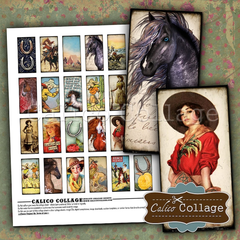 CowGirls, Domino Collage Sheet, 1x2 inch Images, Southwest Images, Horse Images, Wild West Images, Pendant Images, Digital Sheet image 1