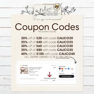 May include: A white background with brown text that reads "Coupon Codes" and lists various discount codes for different amounts. The text reads "20% off of $20 with code CALICO20", "25% off of $40 with code CALICO25", "30% off of $60 with code CALICO30", "35% off of $80 with code CALICO35", and "40% off of $100 with code CALICO40". The text also reads "(ALL COUPON CURRENCY IS IN US DOLLARS)".