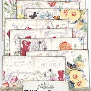 May include: A set of 10 digital papers featuring vintage floral designs with butterflies and handwritten text. The papers are perfect for scrapbooking, card making, and other crafting projects. The papers are in a light blue, pink, and yellow color scheme.