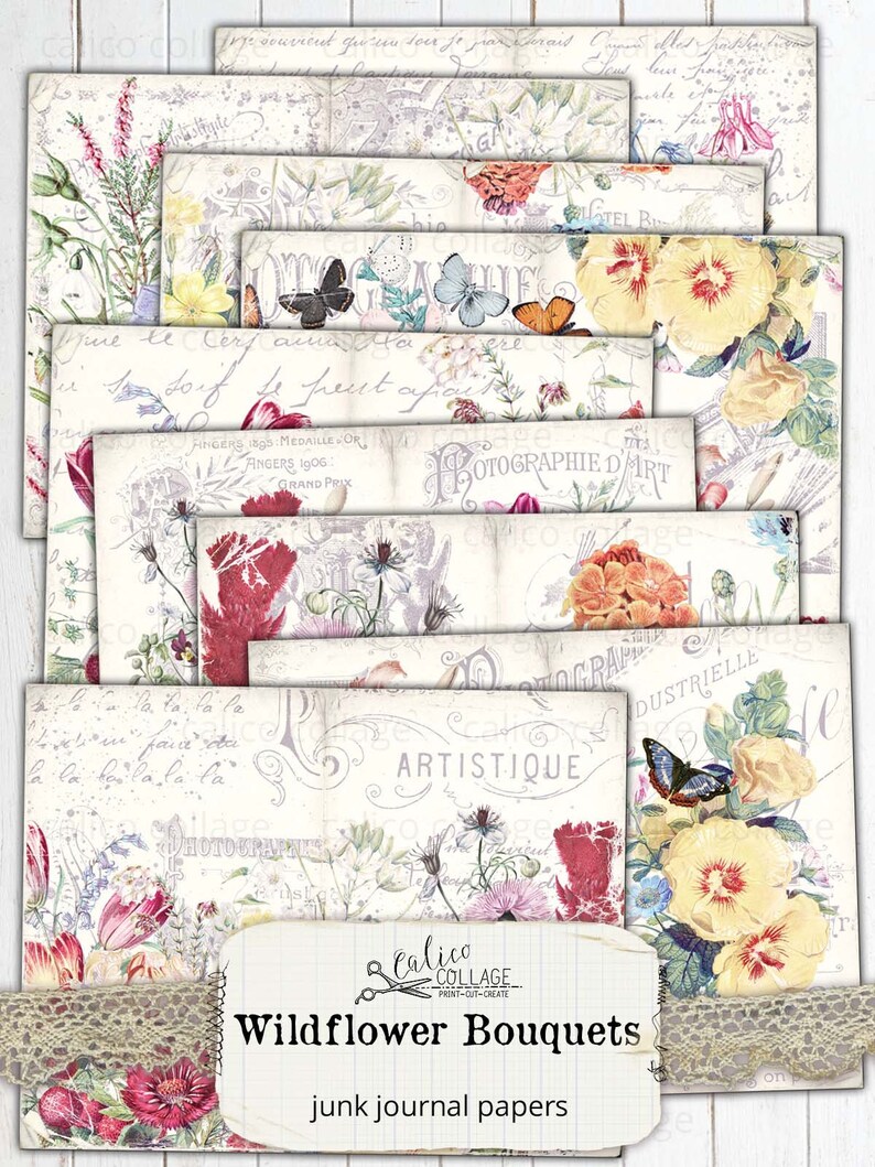 May include: A set of 10 digital papers featuring vintage floral designs with butterflies and handwritten text. The papers are perfect for scrapbooking, card making, and other crafting projects. The papers are in a light blue, pink, and yellow color scheme.