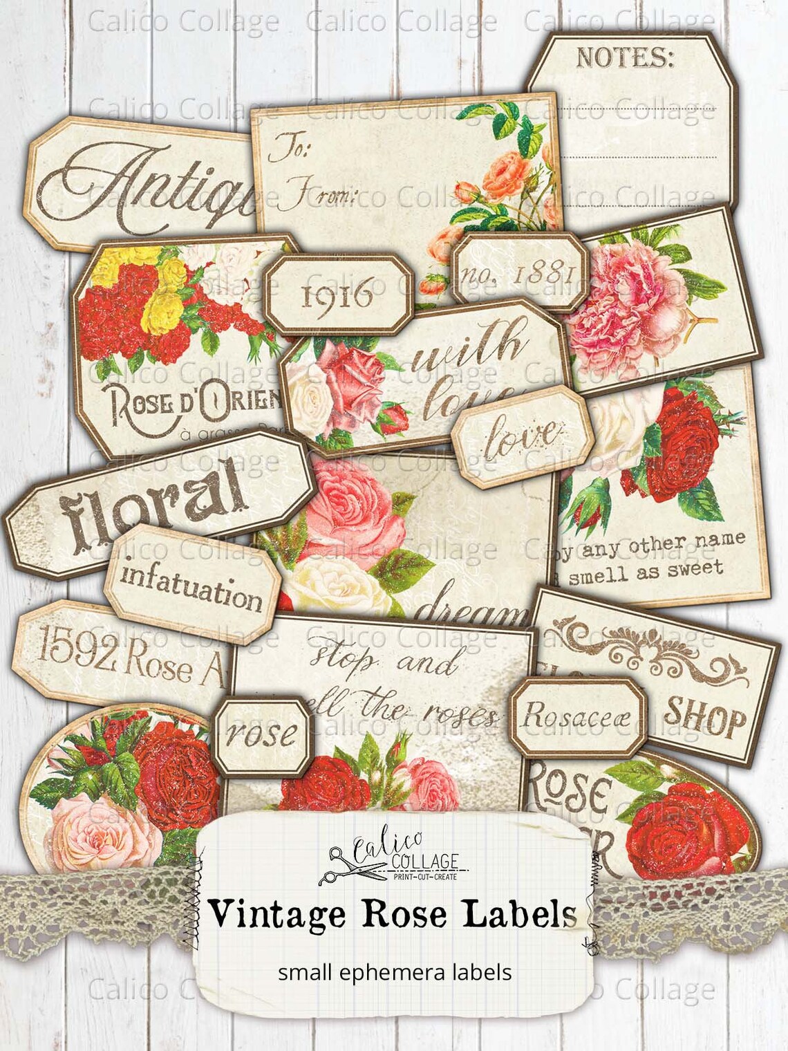 Printable Rose Labels Junk Journal Supplies Vintage Shabby | Etsy