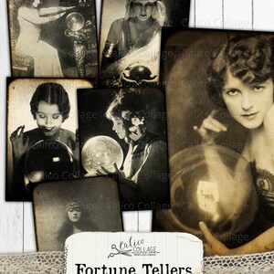 May include: A collection of vintage-style ephemera featuring images of fortune tellers and crystal balls. The black and white photographs have a sepia tone and are arranged on a white background. The text "Fortune Tellers Ephemera" is included.