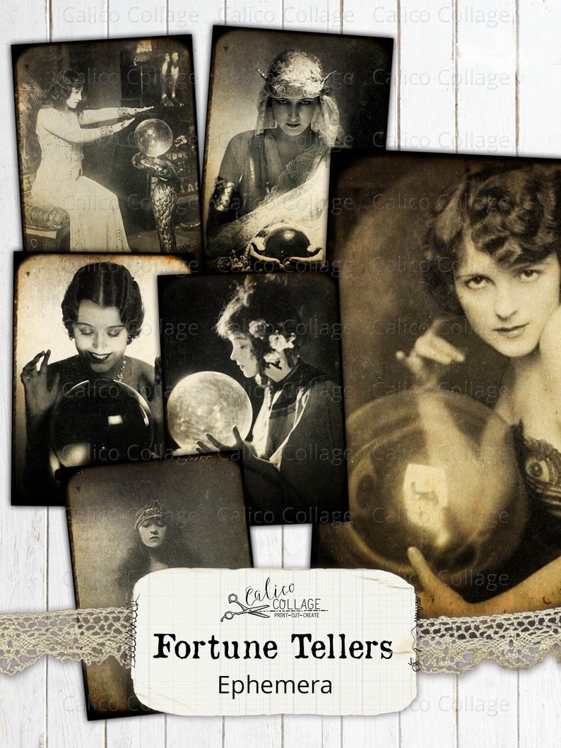 May include: A collection of vintage-style ephemera featuring images of fortune tellers and crystal balls. The black and white photographs have a sepia tone and are arranged on a white background. The text "Fortune Tellers Ephemera" is included.