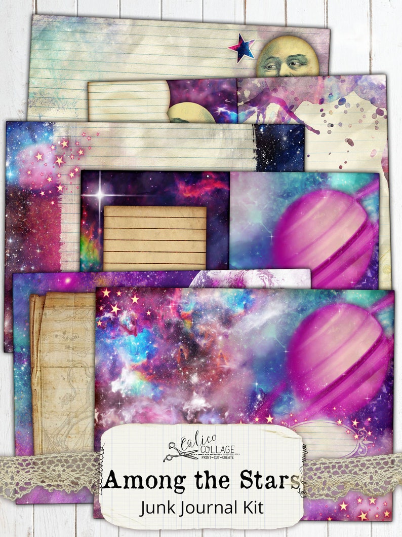 Kit de journal indésirable imprimable, Pack de téléchargement numérique éphémère, Papier numérique du zodiaque céleste, Papiers Galaxy Star, Parmi les étoiles image 6