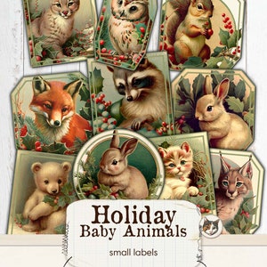 Christmas Ephemera voor Junk Journals, Baby Animals Ephemera Labels, Animal Ephemera voor Scrapbooking, Holiday Animals voor Bullet Journals