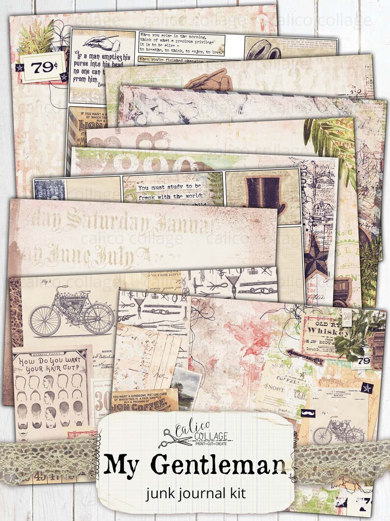 May include: A digital printable junk journal kit with a vintage aesthetic. The kit includes various images and text, including a quote about being frank with the world, a vintage motorcycle, a barber shop sign, and a bottle of whiskey. The kit is titled "My Gentleman".