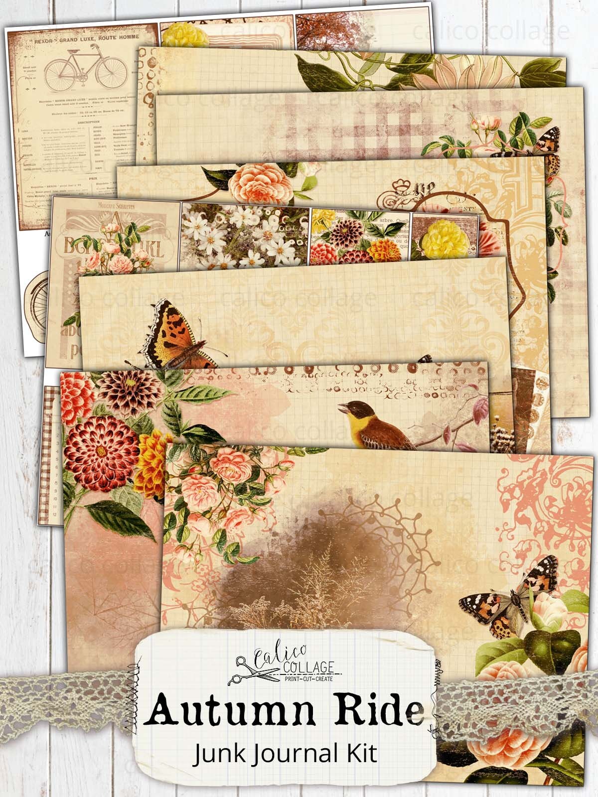 Printable Autumn Junk Journal Kit, Vintage Bicycle Ephemera Pack ...