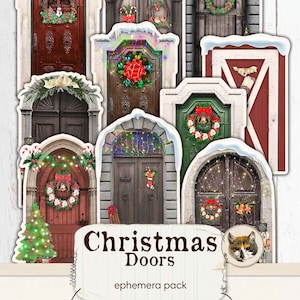 Christmas Doors Junk Journal Printables, Christmas Junk Journal Kit, Christmas Ephemera, Digital Papers, Fussy Cut Ephemera