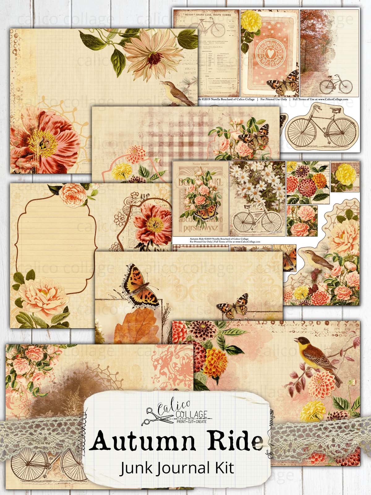 Printable Autumn Junk Journal Kit, Vintage Bicycle Ephemera Pack ...