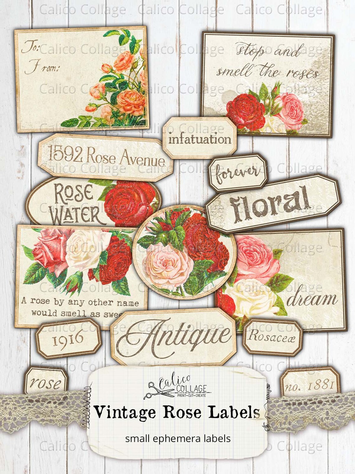 Printable Rose Labels Junk Journal Supplies Vintage Shabby | Etsy