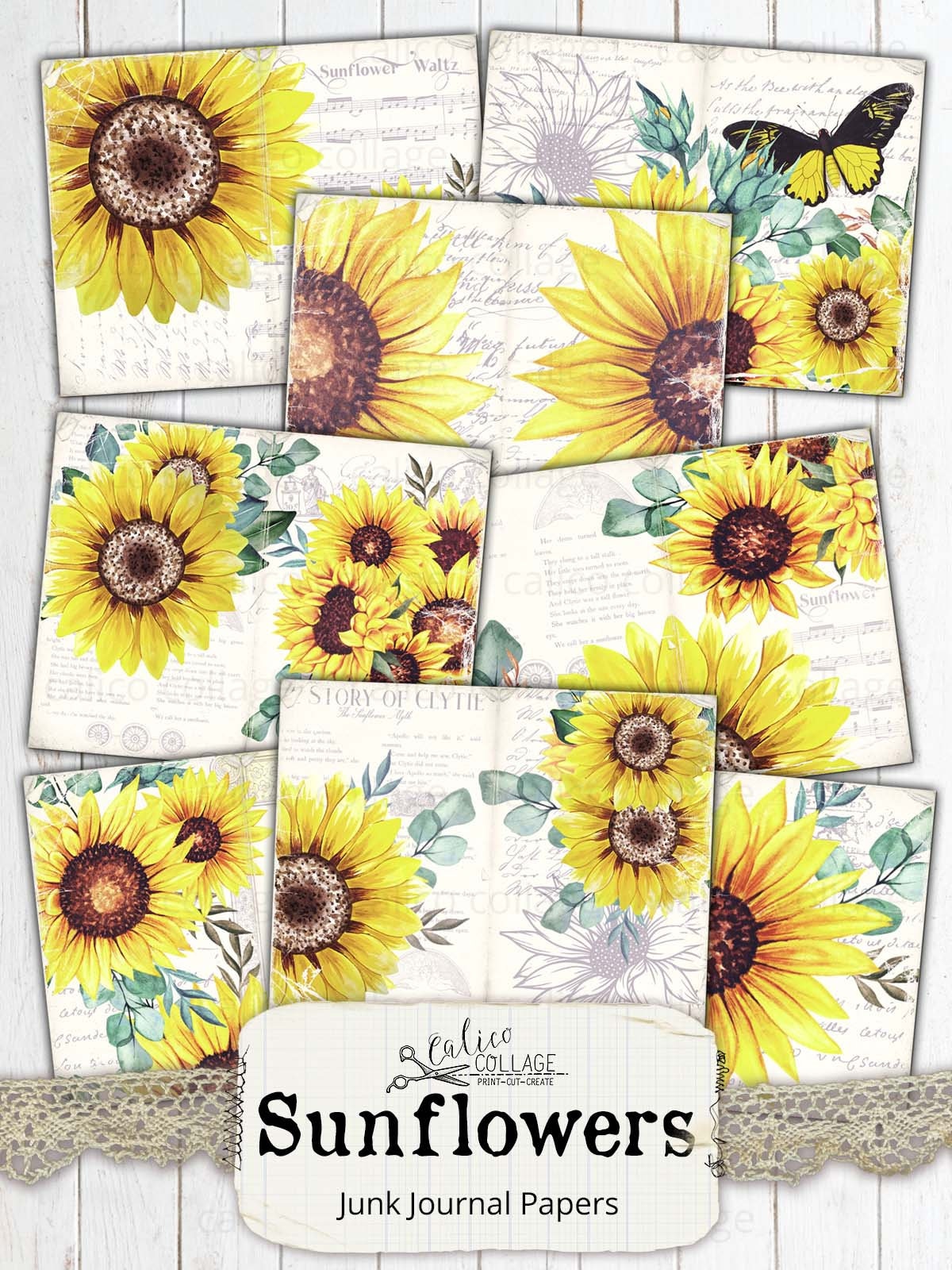 Sunflower Junk Journal Pages, Printable Digital Papers, Spring Floral ...