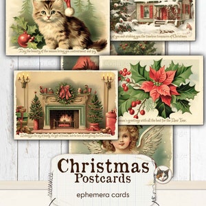 Puede incluir: Conjunto de seis postales navide&ntilde;as vintage con im&aacute;genes de un gato con un gorro de Pap&aacute; Noel, una casa cubierta de nieve, una chimenea con una corona navide&ntilde;a, una flor de pascua, un &aacute;ngel con alas y un gato. Las postales est&aacute;n impresas en cartulina y tienen un aspecto desgastado. El texto en las postales dice "May the beauty of the season bring you content went and joy", "Wishing you the joy of family, the gift of friends, and the best of everything this Christmas", "Season's greetings with all the best for the New Year", y "Of you and wishing you the timeless treasures of Christmas".