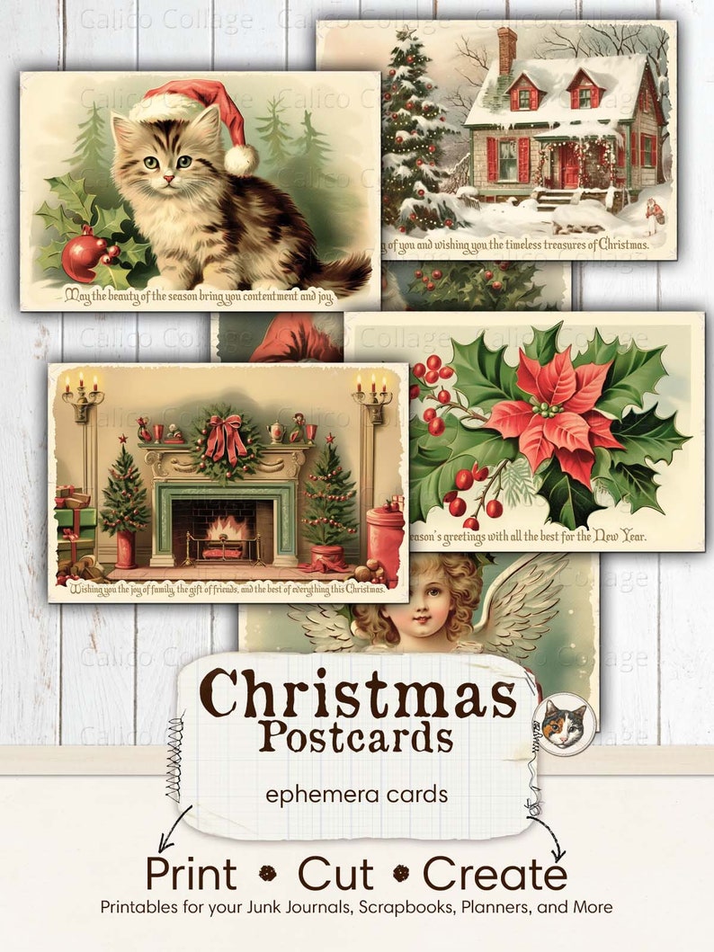Puede incluir: Conjunto de seis postales navide&ntilde;as vintage con im&aacute;genes de un gato con un gorro de Pap&aacute; Noel, una casa cubierta de nieve, una chimenea con una corona navide&ntilde;a, una flor de pascua, un &aacute;ngel con alas y un gato. Las postales est&aacute;n impresas en cartulina y tienen un aspecto desgastado. El texto en las postales dice "May the beauty of the season bring you content went and joy", "Wishing you the joy of family, the gift of friends, and the best of everything this Christmas", "Season's greetings with all the best for the New Year", y "Of you and wishing you the timeless treasures of Christmas".