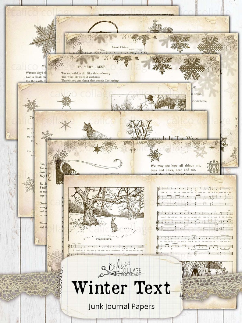 Printable Winter Book Pages, Junk Journal Papers, Journal Supplies, Digital Vintage Books, Sheet Music, Holiday Ephemera, CalicoCollage image 3