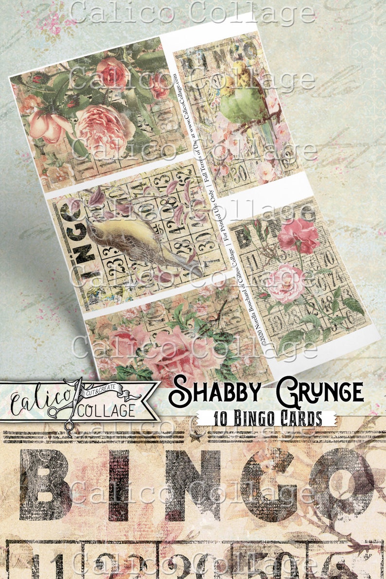 May include: Ten printable bingo cards with a shabby chic aesthetic. The cards feature floral designs, birds, and vintage-inspired typography. The text on the cards reads "Bingo" and "Shabby Grunge 10 Bingo Cards".