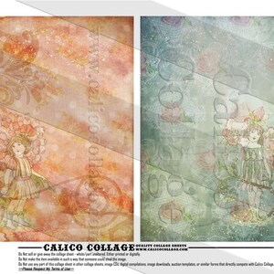 May include: Two digital collage sheets featuring a vintage illustration of a girl in a floral dress standing in a field of flowers. The background of the sheets is a soft, faded, and textured watercolor wash. The text "CALICO COLLAGE" is printed at the bottom of the sheets.