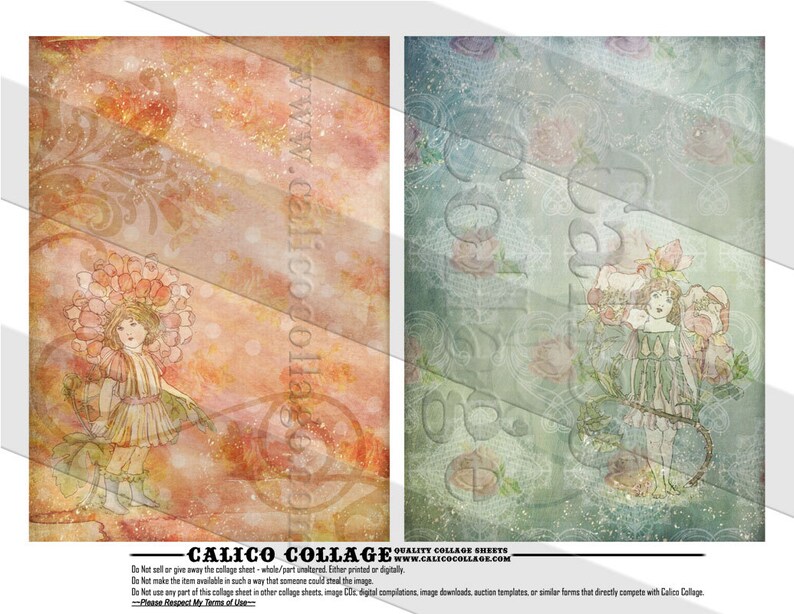 May include: Two digital collage sheets featuring a vintage illustration of a girl in a floral dress standing in a field of flowers. The background of the sheets is a soft, faded, and textured watercolor wash. The text "CALICO COLLAGE" is printed at the bottom of the sheets.