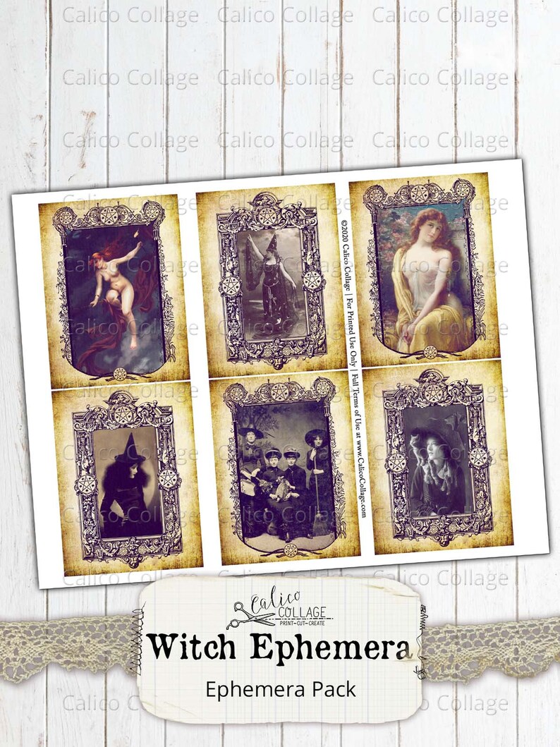 May include: A set of six printable witch ephemera images. The images feature vintage illustrations of witches, a woman in a flowing gown, and a group of children dressed in costumes. The images are framed in ornate, gold-colored frames with a distressed, aged look.
