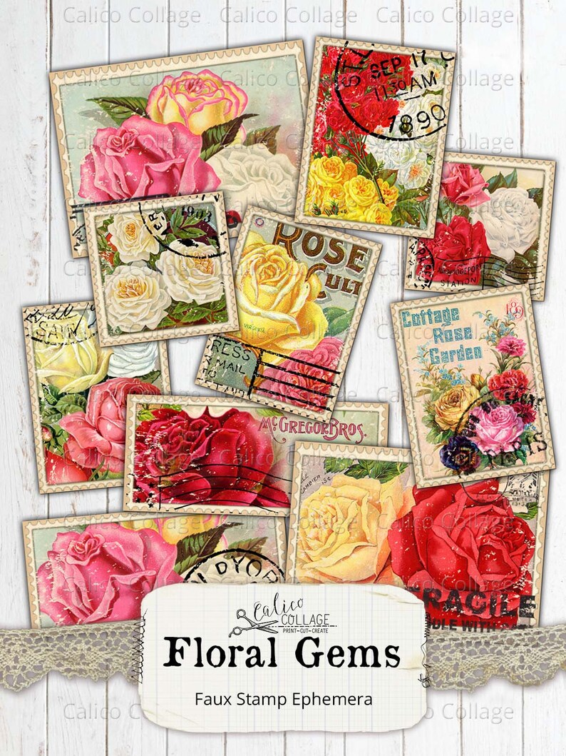Printable Faux Stamps Rose Ephemera, Junk Journal Supplies, Vintage ...