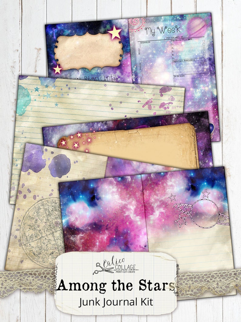 Kit de journal indésirable imprimable, Pack de téléchargement numérique éphémère, Papier numérique du zodiaque céleste, Papiers Galaxy Star, Parmi les étoiles image 7