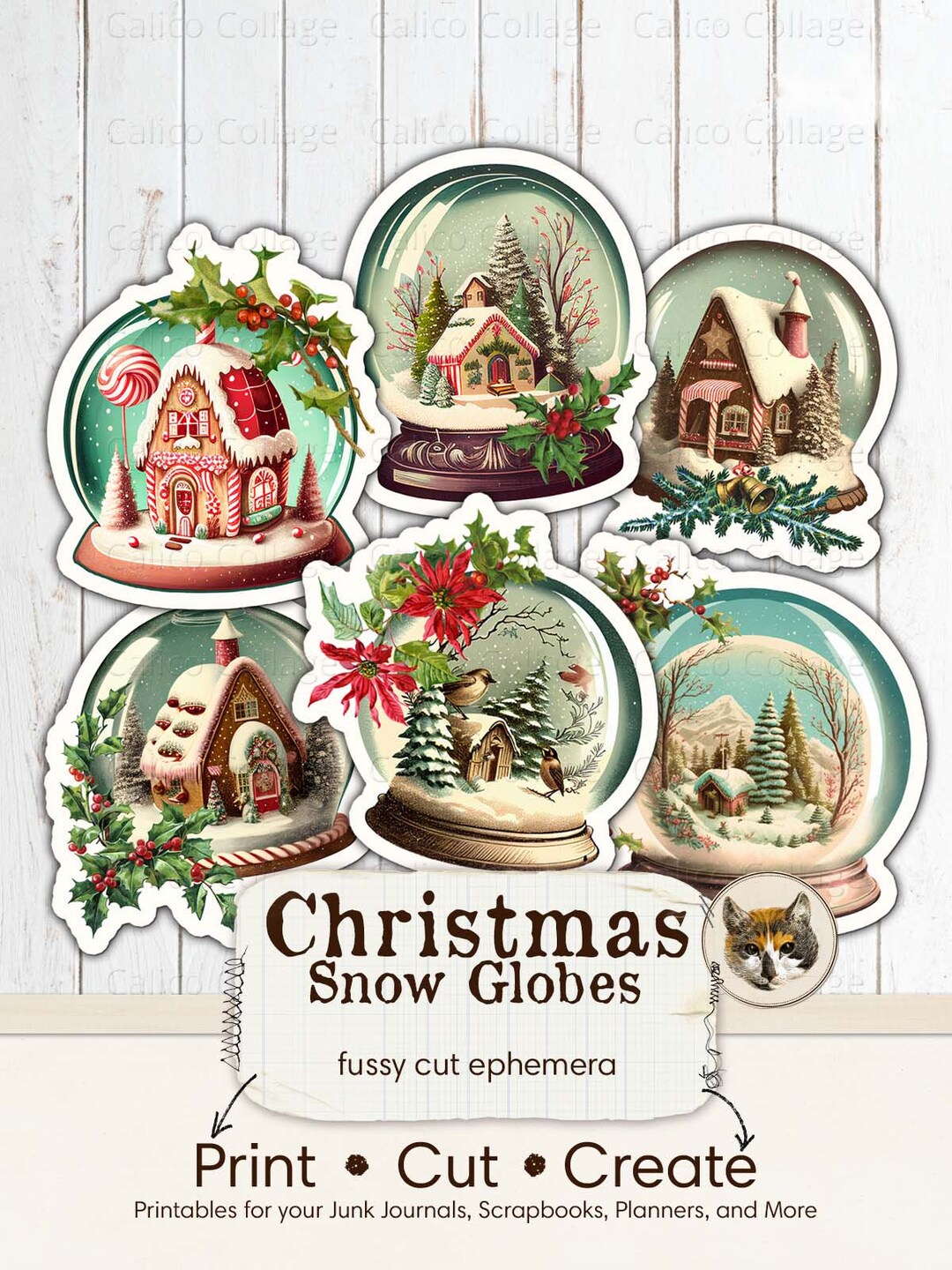Junk Journal Christmas Snow Globes Ephemera Pack, Printable Vintage