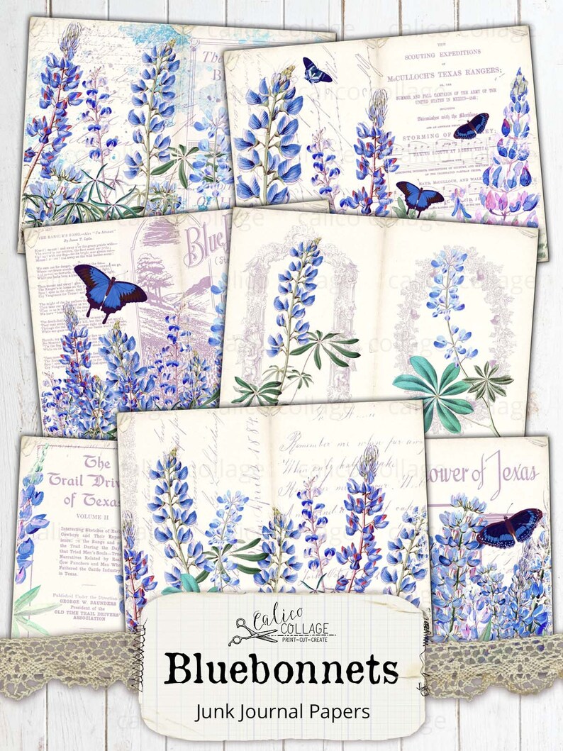 May include: A set of printable digital papers featuring bluebonnets, butterflies, and vintage text. The papers are perfect for scrapbooking, card making, and other paper crafts. The papers are in a vintage style and feature a variety of bluebonnets, butterflies, and text.