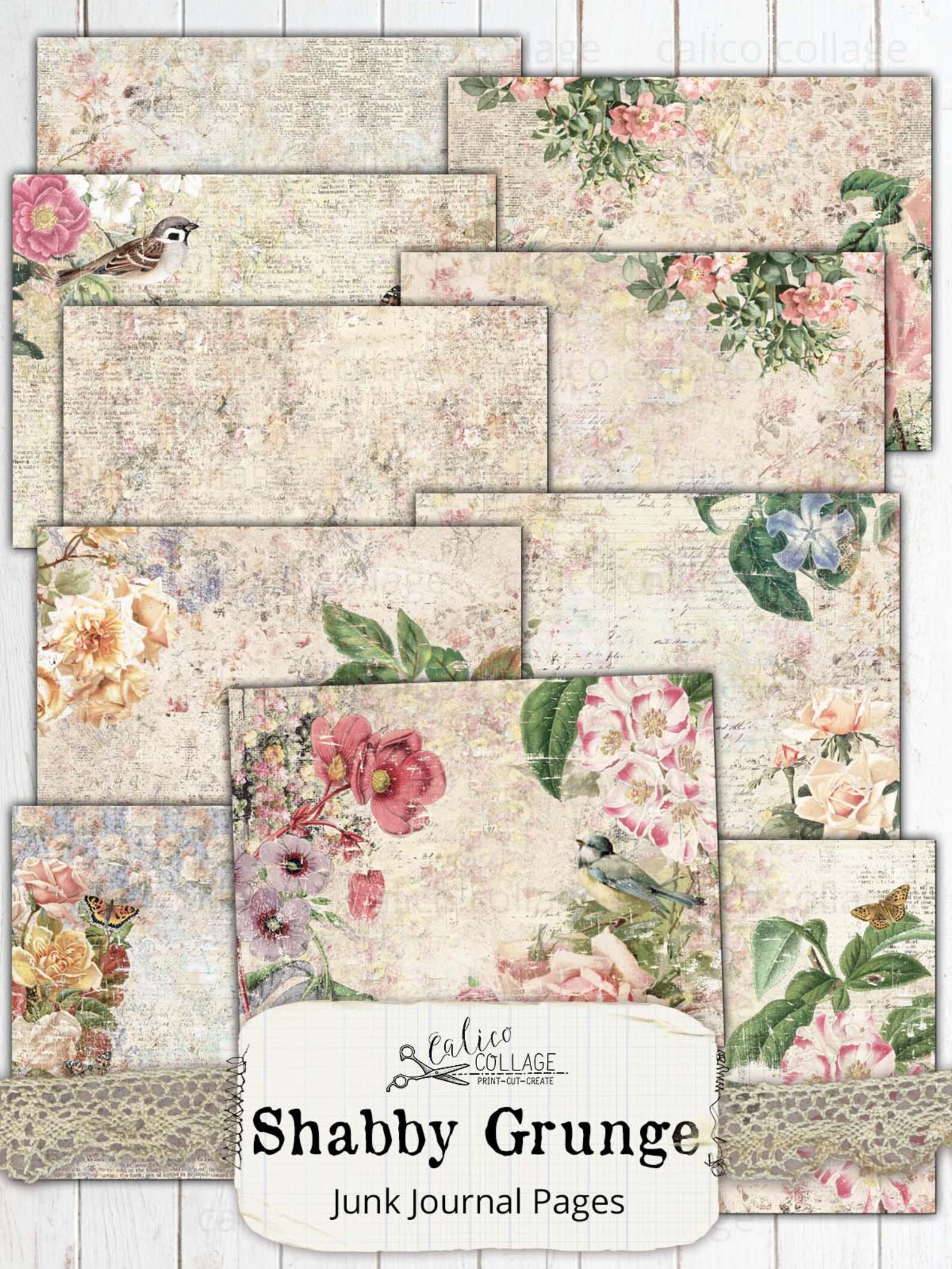Grunge Collage Sheets, Botanical Junk Journal Kit Pages, Ephemera Paper ...