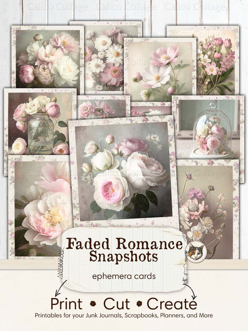 K&ouml;nnte beinhalten: Ein Satz druckbarer Ephemera-Karten mit Vintage-Bildern von rosa und wei&szlig;en Blumen. Die Karten tragen den Titel "Faded Romance Snapshots" und sind f&uuml;r die Verwendung in Junk Journals, Scrapbooks, Planern und mehr konzipiert.