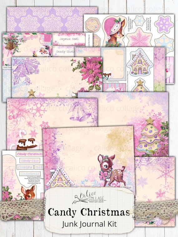 Junk Journal Kit Candy Christmas, Printable Journal Supplies, Digital Paper, Junk Journal Paper, Vintage Christmas, Holiday Ephemera