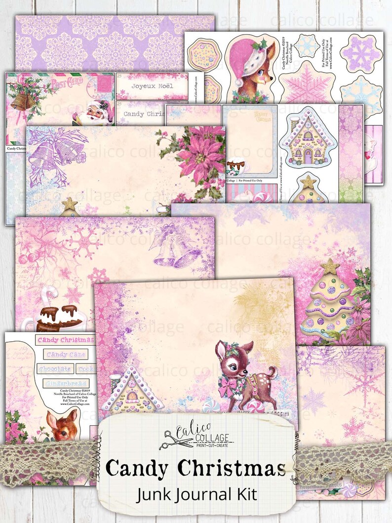 Junk Journal Kit Candy Christmas, Printable Journal Supplies,