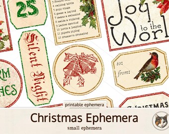 Fussy Cut Christmas Ephemera Labels, Printable Vintage Ephemera, Junk Journal Supplies, Scrapbooking, Digital Holiday Journal Ephemera