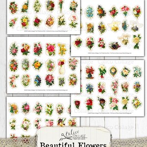 May include: A set of 36 printable fussy cut flower images. The flowers are in various colours and styles, including roses, lilies, and daisies. The images are perfect for scrapbooking, card making, and other craft projects.