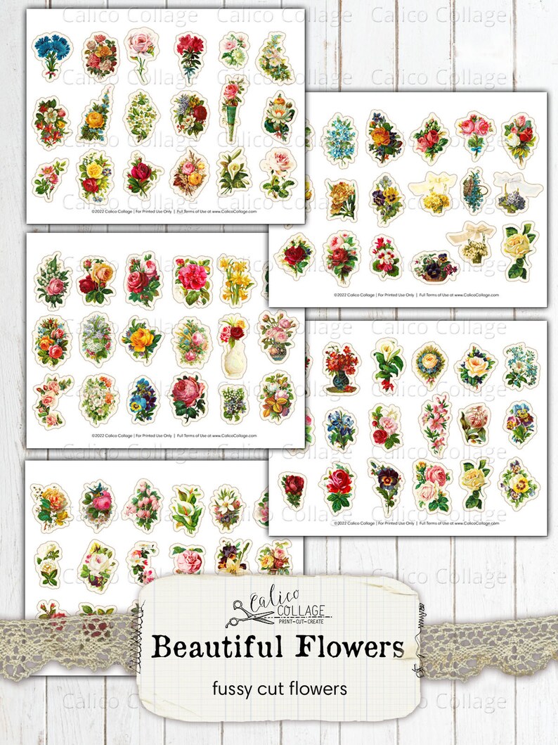 May include: A set of 36 printable fussy cut flower images. The flowers are in various colours and styles, including roses, lilies, and daisies. The images are perfect for scrapbooking, card making, and other craft projects.