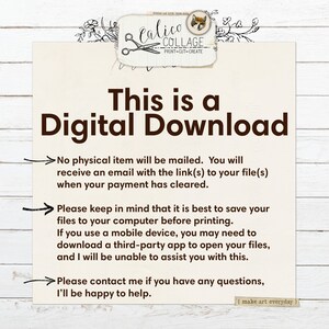 Puede incluir: Un fondo blanco con texto marr&oacute;n que dice "Esto es una descarga digital". El texto va seguido de tres flechas con texto que explica que el art&iacute;culo es una descarga digital y que el comprador recibir&aacute; un correo electr&oacute;nico con un enlace al archivo(s) una vez que el pago se haya liquidado. El texto tambi&eacute;n explica que el comprador debe guardar los archivos en su computadora antes de imprimirlos y que si usa un dispositivo m&oacute;vil, es posible que deba descargar una aplicaci&oacute;n de terceros para abrir los archivos.