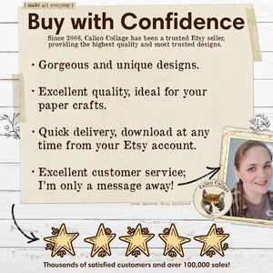 May include: A digital collage shop with a white background and a text overlay that reads "Buy with Confidence". The text explains that the shop has been a trusted Etsy seller since 2008, providing high quality and trusted designs. The text also lists the shop's benefits, including gorgeous and unique designs, excellent quality, quick delivery, and excellent customer service. The image also includes a photo of the shop owner and a five-star rating.