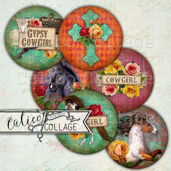 Printable, Gypsy Cowgirl, Horses, Bottlecap Images, Instant Download, Decoupage Paper, Cowgirl, Digital, Collage Sheet, Bottle Cap Images