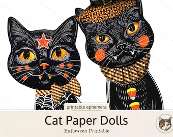 Muñecos de papel de gato para Halloween: efímeras de gato negro para diarios basura, manualidades de papel y scrapbooking de Halloween.