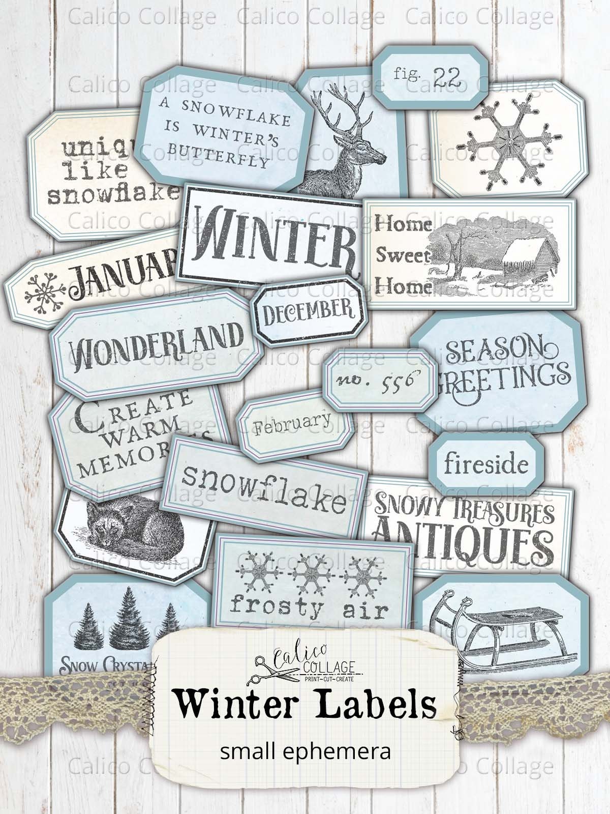 Small Winter Ephemera Labels, Printable Vintage Tags, Junk Journal ...