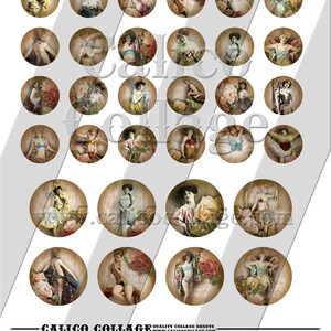 May include: A collage sheet featuring 28 circular images of vintage women in various poses, adorned with flowers and elegant attire. The images have a sepia tone with a textured background, evoking a classic aesthetic. The sheet includes the text "CALICO COLLAGE".